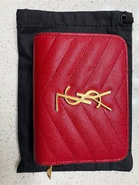 Yves Saint Laurent Red Quilted Zip Wallet with Gold YSL Logo